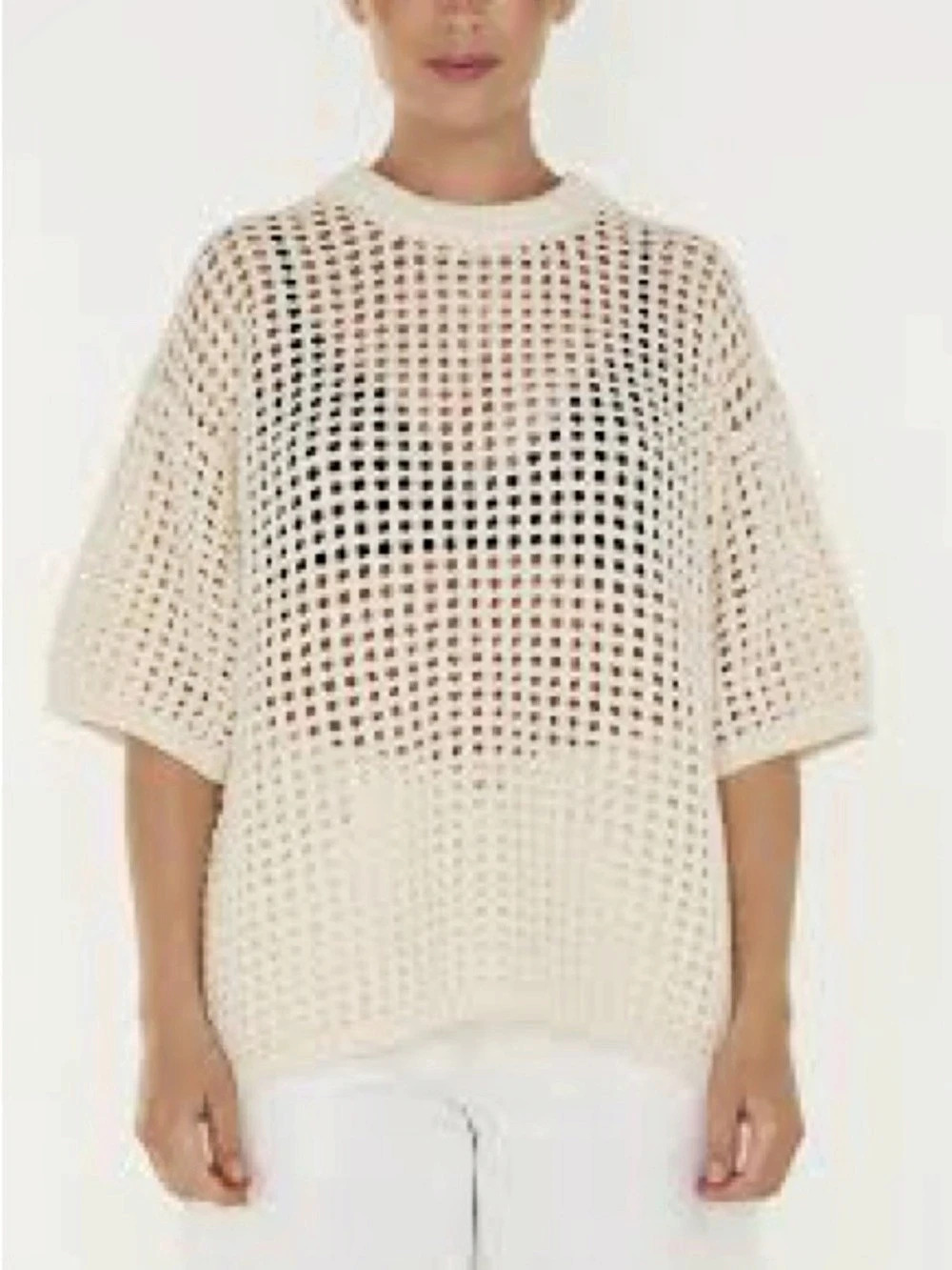SHEIN Open Knit Crewneck Sweater in Cream Size 3XL